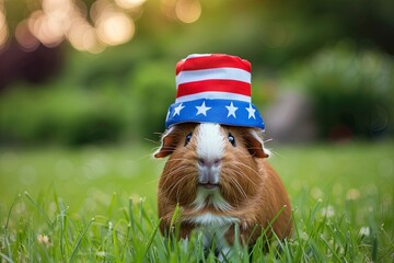 Wall Mural - Adorable guinea pig dressed in a 4th of July hat with space for copy.