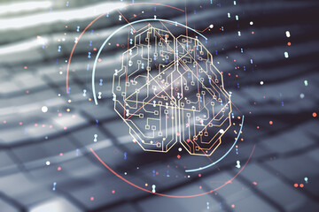 Wall Mural - double exposure of creative human brain microcircuit hologram on shiny metal background. future tech
