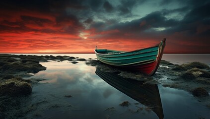 Wall Mural - Scarlet Serenity A Boat's Solitude.
