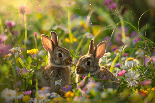 Delightful bunnies hopping through a meadow with blooming wildflowers.