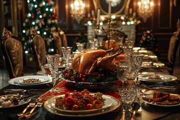 Christmas dinner table with elegant place settings, a roasted turkey