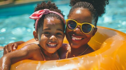 an inflatable tube and a black mother and daughter enjoying the pool