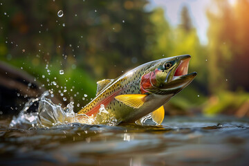 Poster - Rainbow trout jumping out of the water