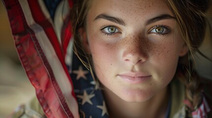 A hyper-realistic portrait of a young woman holding the American flag, celebrating Independence Day with a joyful expression, using cross polarization and soft box lighting for print quality, shallow