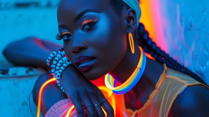 A vividly colored portrait showcasing neon hues and fashion accessories with a deliberately obscured face