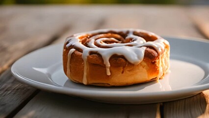 Wall Mural - closeup view of a homemade baked cinnamon roll with vanilla icing