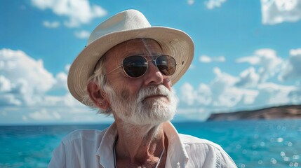 Poster - Older man in Hat and Sunglasses blue sea