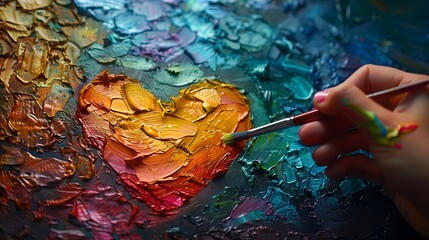 Wall Mural - A close-up shot of a hand painting a heart in rainbow colors on a canvas, representing artistic expression of Pride. List of Art Media Photograph inspired by Spring magazine