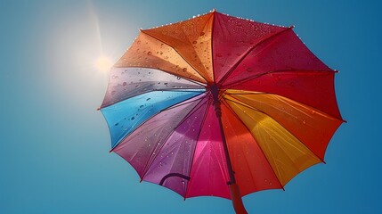 Wall Mural - A serene image of a rainbow-colored umbrella against a clear blue sky, symbolizing protection and support for the LGBTQ+ community. List of Art Media Photograph inspired by Spring magazine