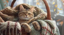 A Chubby Cat Nestled In A Wicker Basket, Surrounded By Cozy Blankets, Creating A Charming And Homey Scene.
