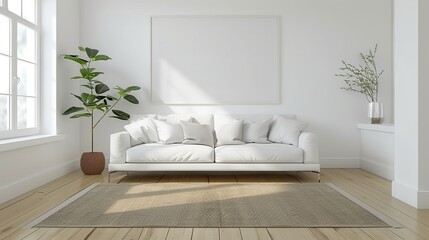 Canvas Print - White living room interior with sofa, carpet on hardwood floor. Generative Ai