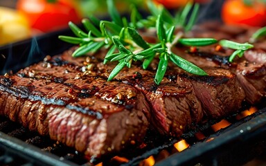 Grilled beef steak with rosemary herb and spice on BBQ grill