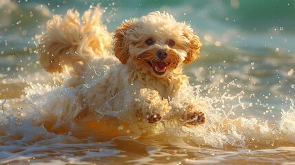 A playful Poodle splashing in the gentle waves of a calm bay, his fluffy curls bouncing in the sunlight as he joyfully plays in the sea.