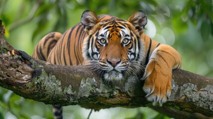 Wall Mural - Tiger on a tree in the green jungle of central India