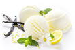 © bit24 - lemon ball ice cream with striped sauce and berry on white background. Summer sweet dessert