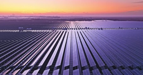 Wall Mural - Aerial view of solar power plant landscape at sunset. Solar panel power station on the lake.