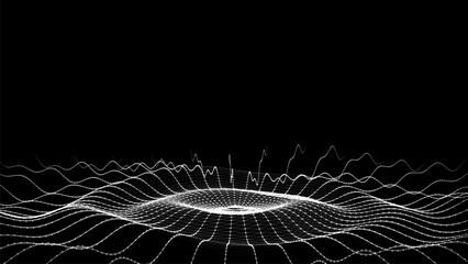 Wall Mural - Futuristic circle wave. Vector dark cyberspace. Abstract music sound wave with dots. White moving particles on black background.