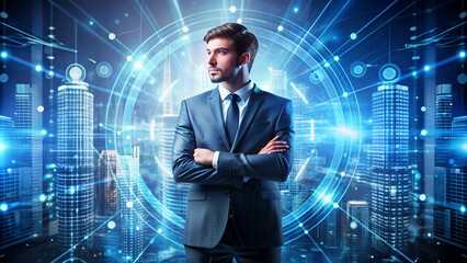 Poster - professional man stand in front of digital data background.