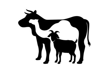 Wall Mural - Eid al-Adha sacrifice animal silhouette vector illustration. Cow, camel, and goat silhouette in negative space style