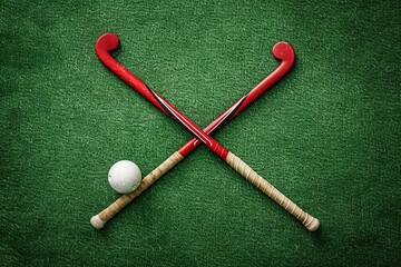 Canvas Print - Field hockey stick and balls on green grass. Horizontal sport theme poster, greeting cards, headers, website and app