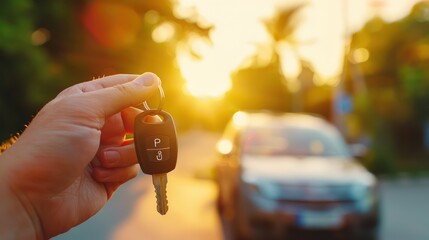 Wall Mural - Capture a close-up shot of a hand holding a car key in front of a blurred car in the background, focusing on the anticipation of a new journey. 