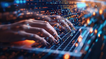 Closeup of hands typing code on a sleek keyboard, digital lines of AI code glowing on the screen, futuristic and techfocused, copy space.,