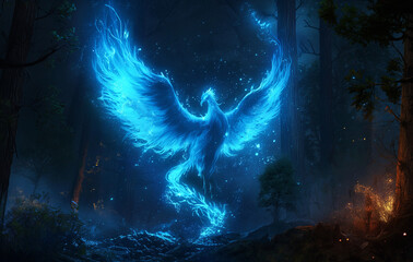 Wall Mural - A blue glowing phoenix rising from its ashes in the dark woods
