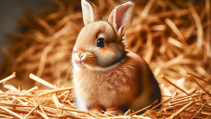 Wall Mural - beautiful young brown rabbit sitting on a background of straw or hay.