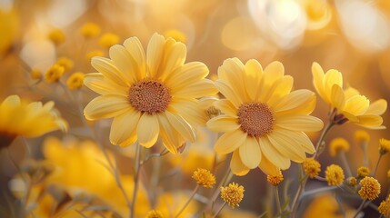 macro photo of two yellow daisies in a field of yellow flowers