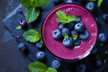 Poster - Overhead view of a vibrant blueberry smoothie topped with fresh berries and mint on a dark backdrop