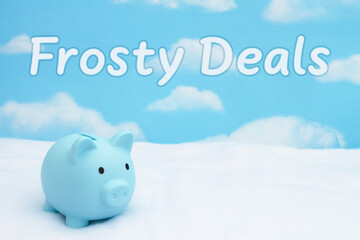 Wall Mural - Frosty Deals with piggy bank on snow with sky for winter savings
