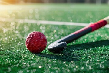 Wall Mural - Field hockey stick and ball on the green field