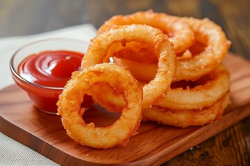 Sticker - Delicious golden-brown onion rings served with ketchup on a wooden board