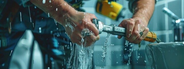 a plumber repairs a pipe. Selective focus