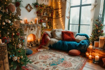 Poster - Warm festive living room adorned with christmas tree, lights, and fireplace decor