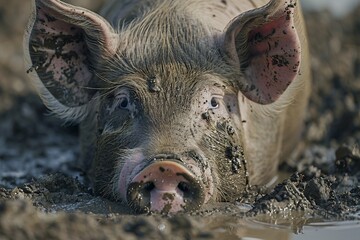 a pig lying in mud