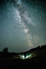 Wall Mural - Night sky in forest . Beautiful summer night . Space over the forest and trees . Milky Way on the background . 