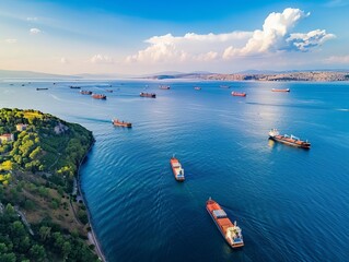 Wall Mural - Shipping Traffic Jam: Aerial View of Cargo Ships Anchored in the Marmara Sea, Istanbul