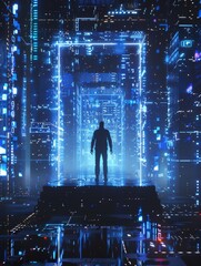 Wall Mural - A digital art piece of an individual standing in front of the entrance to another dimension, framed by blue LED lights 