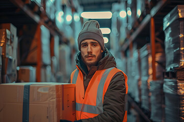 delivery man with a box in a warehouse