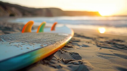 Image of a surfboard lying on the beach with colorful fins visible