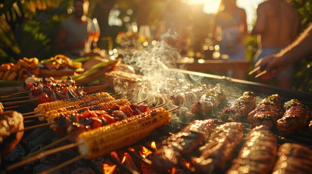 vibrant BBQ scene with friends and family enjoying grilled delights, from burgers to corn