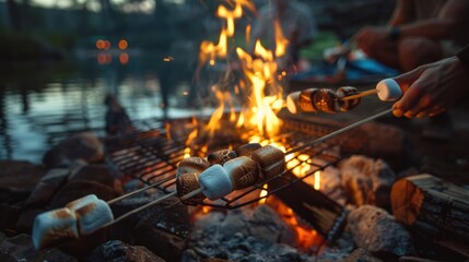 friends toasting marshmallows over a campfire grill, creating a cozy atmosphere