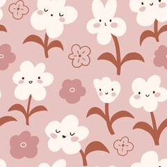 Vector cute flowers with funny faces. Floral seamless pattern design for kids fabric or nursery wallpaper. Vector kawaii pink botanical seamless texture.