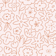 Wall Mural - vector cute floral seamless pattern. Stylized flora in neutral color palette. Childish flower seamless pattern design for fabric or wallpaper, wrapping paper. Simple flowers on light pink background.