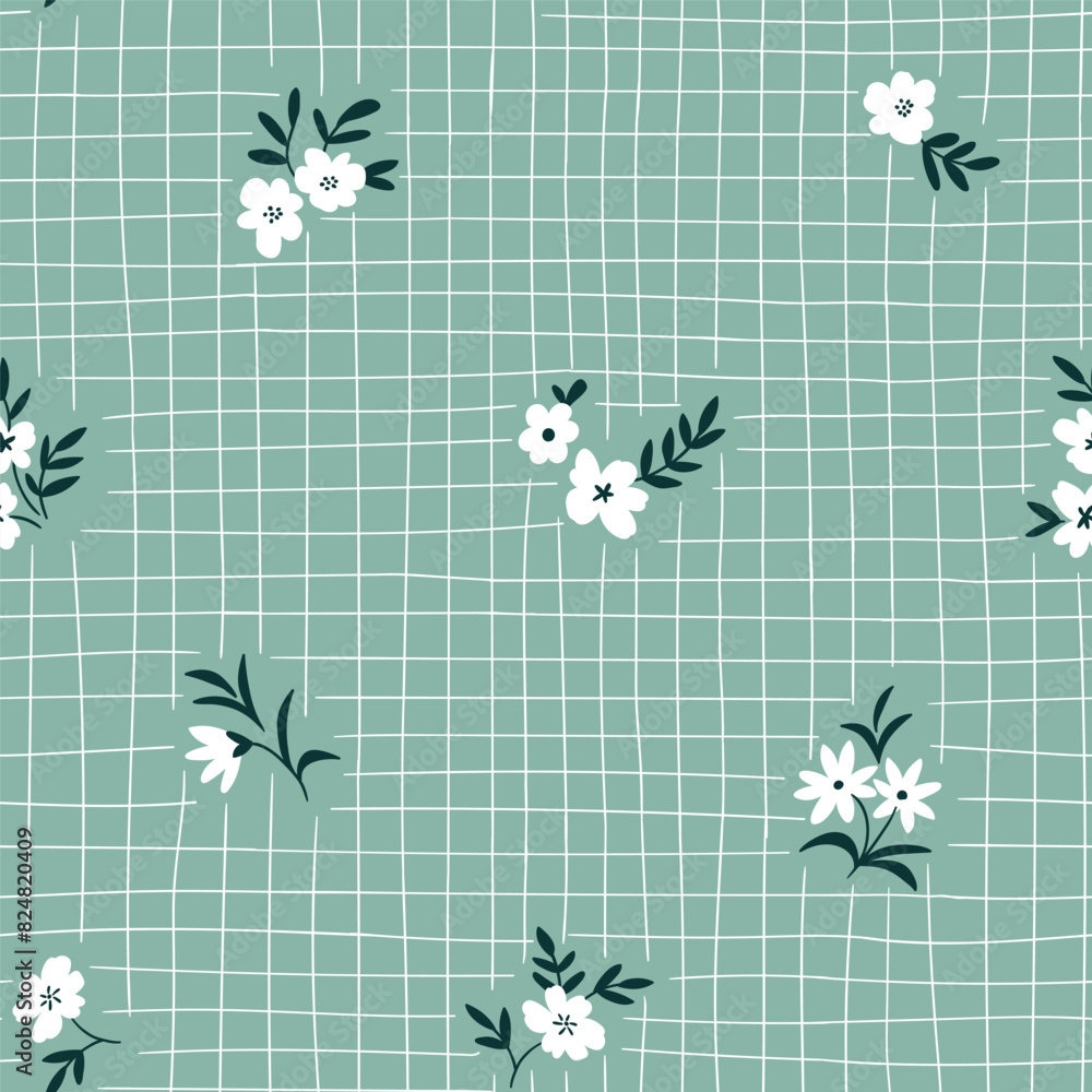 Flowers and line grid seamless pattern. Summer daisy white flowers on ...