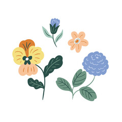 Wall Mural - Vector stylized flower set isolated on white background. Floral design elements. Illustration of pansies, bell, chrysanthemum in hand-drawn style. Flower collection.