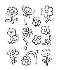 Wall Mural - Simple cute flowers in doodle style. Vector hand drawn black line design elements. Botanical hand drawn sketch. Flower clip art for  coloring book