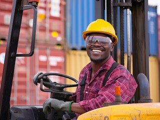 Safe and Smiling: An African American Forklift Driver at the Container Yard