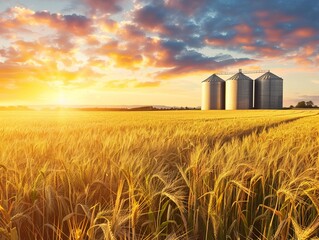 Harvest Haven: Agricultural Silos for Grain Storage and Drying Under a Summer Sunset